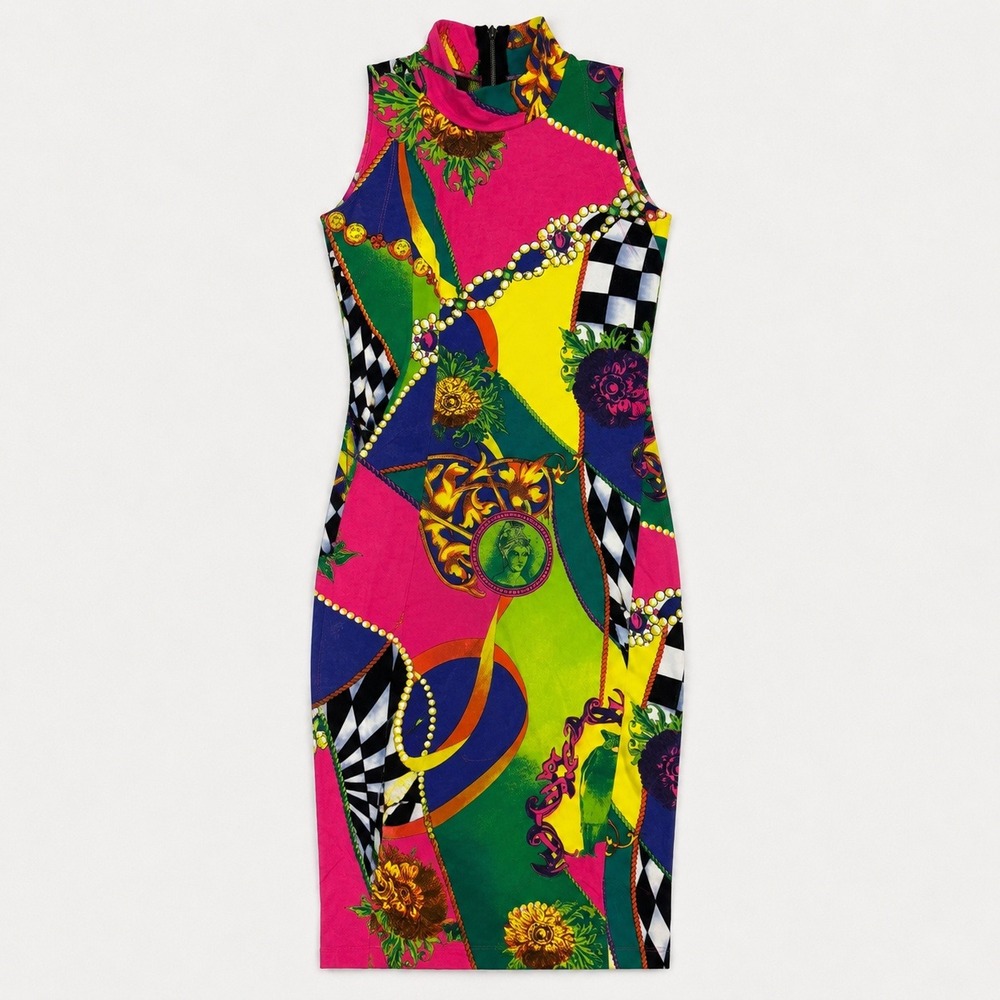 Vtg 80s abstract designer Agatha Joy Baroque Scarf Print Mock Neck Bodycon Dress
